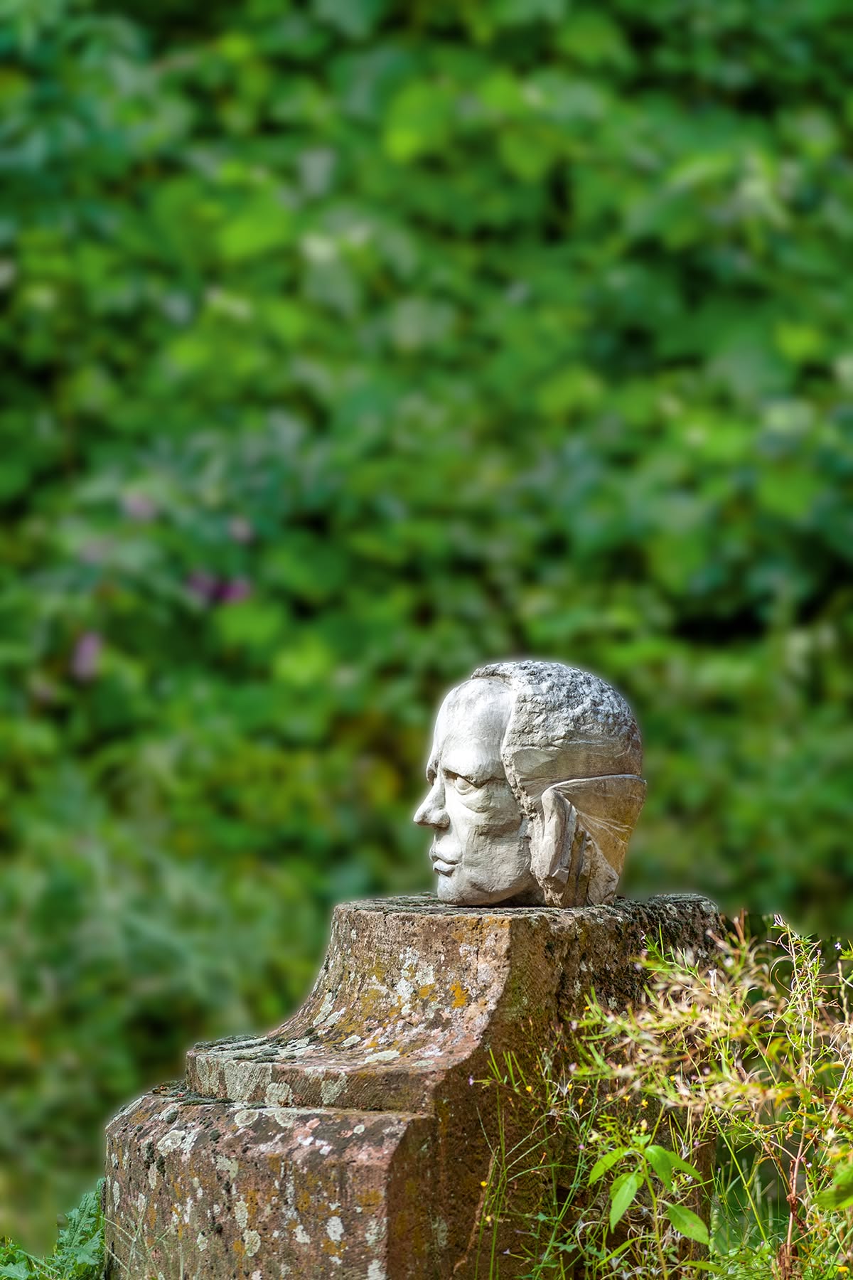 Steinskulptur eines Kopfes auf einem alten Sandsteinsockel im Garten des Gesäßhofs